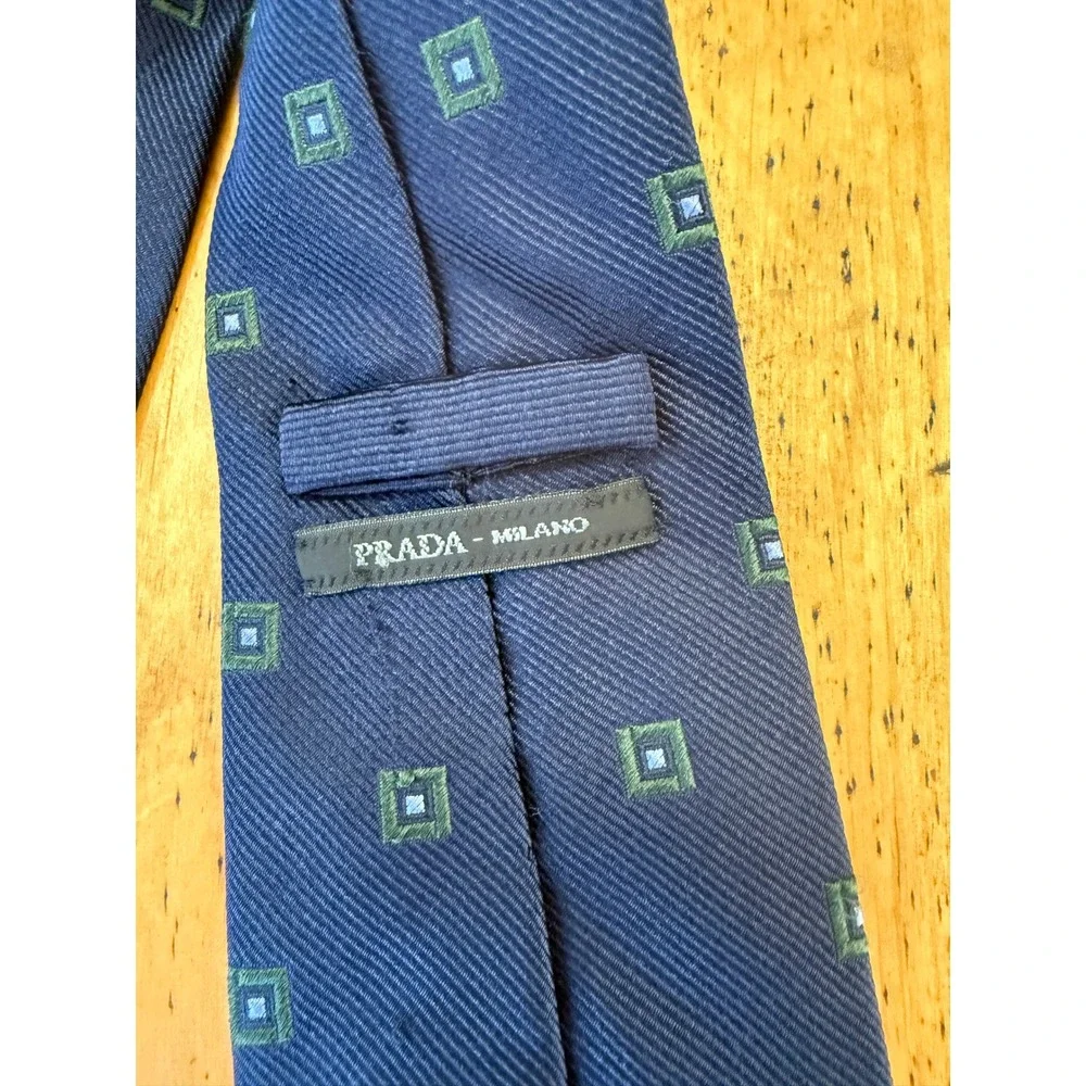 Prada Silk Tie Navy Blue Geometric Square Pattern Made in Italy Luxury Neckwear